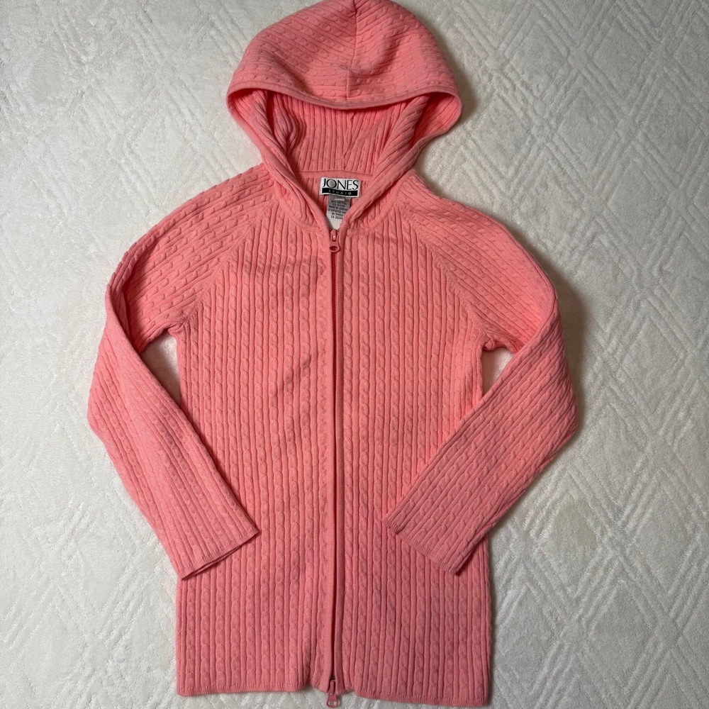Classic Cable Knit Jones Studio Hooded Zip Cardigan Sweater Pink XS Cotton
